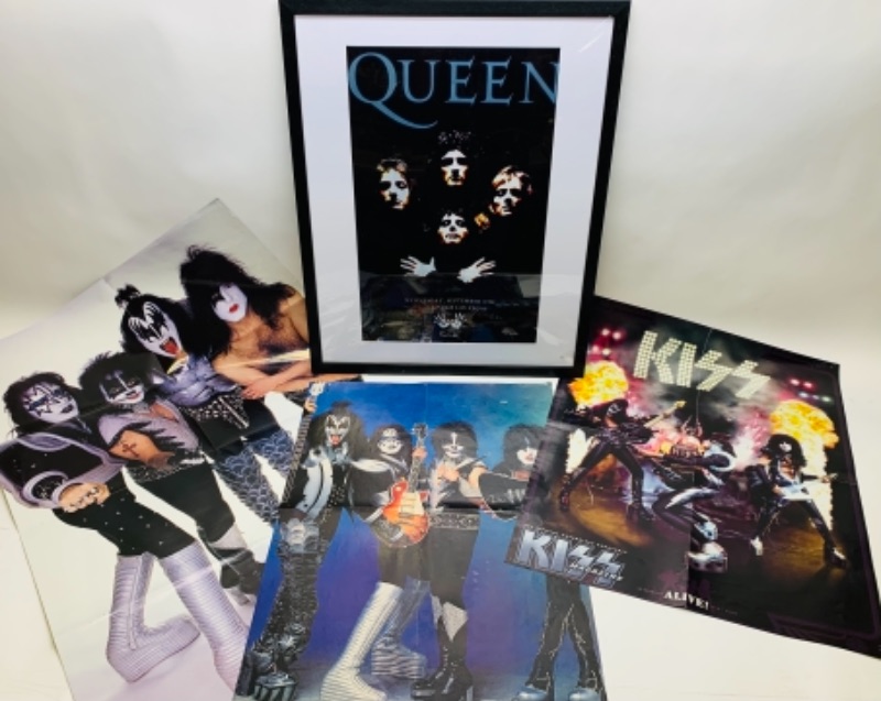 Photo 1 of Framed queen picture and 3 kiss posters - the posters have folds and some damage on bottom of queen picture 