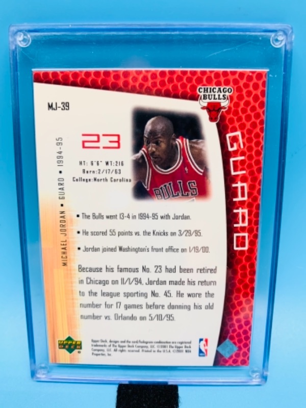 Photo 2 of 2001 upper deck Michael Jordan card MJ39 in hard plastic case