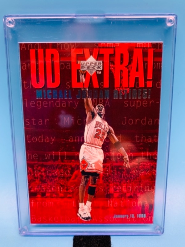 Photo 1 of 1999 upper deck Michael Jordan retires card UDX in hard plastic case