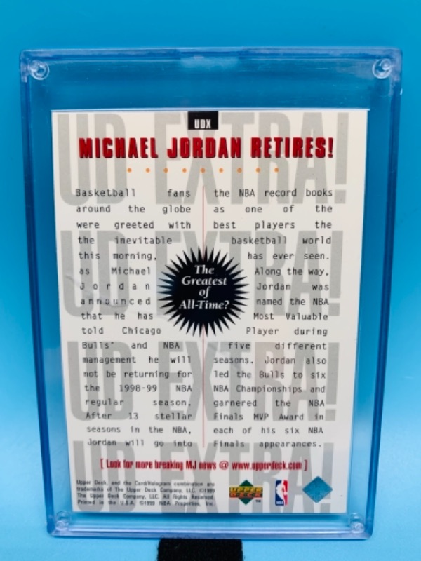 Photo 2 of 1999 upper deck Michael Jordan retires card UDX in hard plastic case