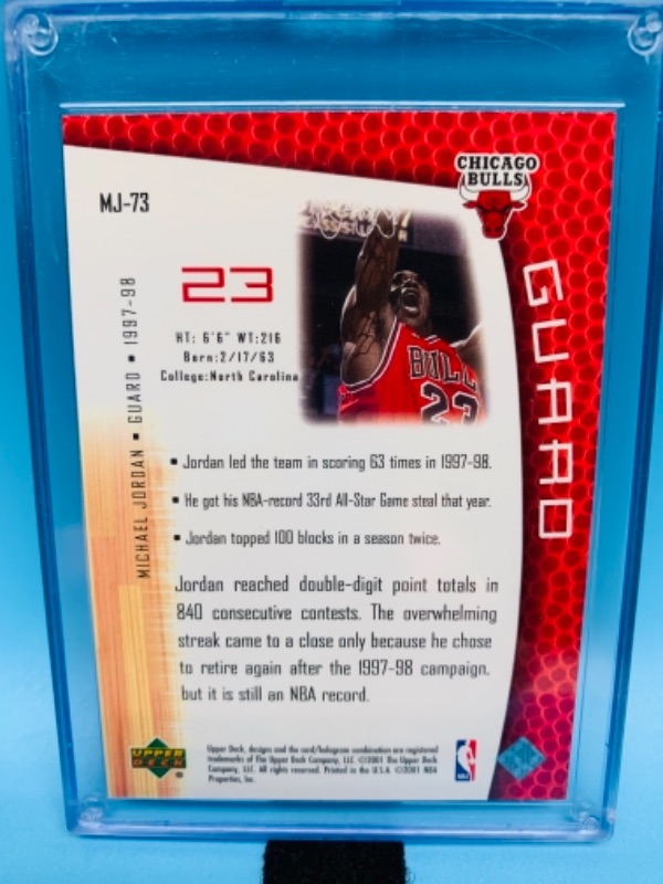 Photo 2 of 766298…2001 upper deck Michael Jordan card MJ73 in hard plastic case