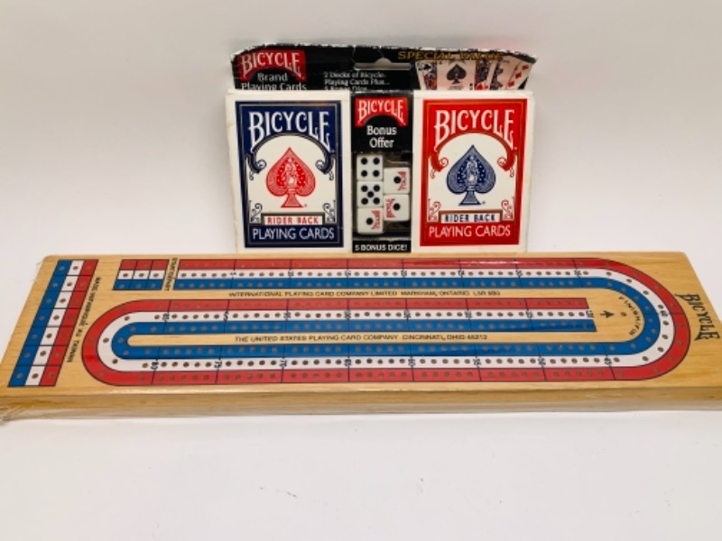 Photo 1 of 367… Bicycle playing cards, dice, and cribbage game