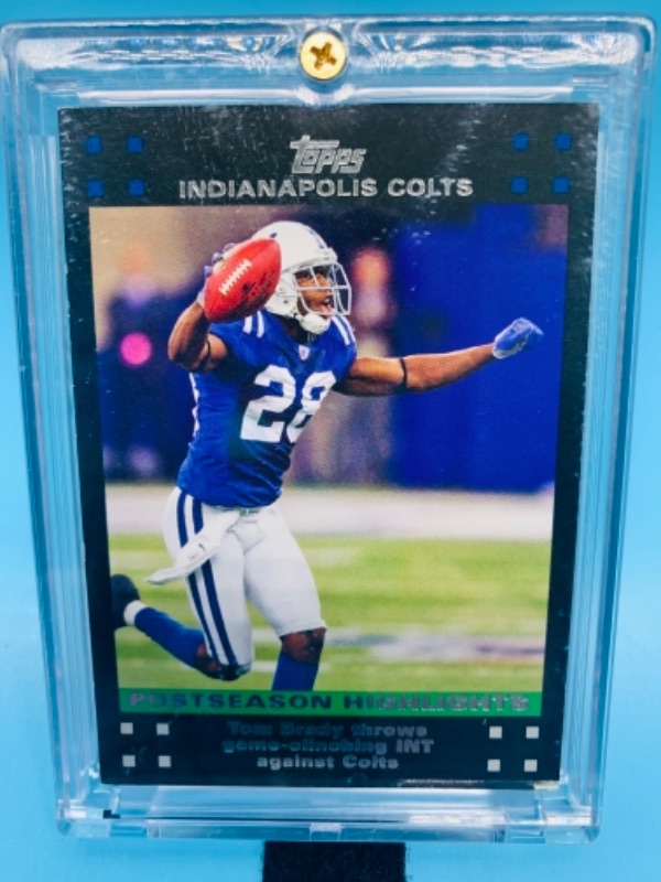 Photo 1 of 766424…topps Tom Brady throws game clinching INT against Colts card 437 in hard plastic case