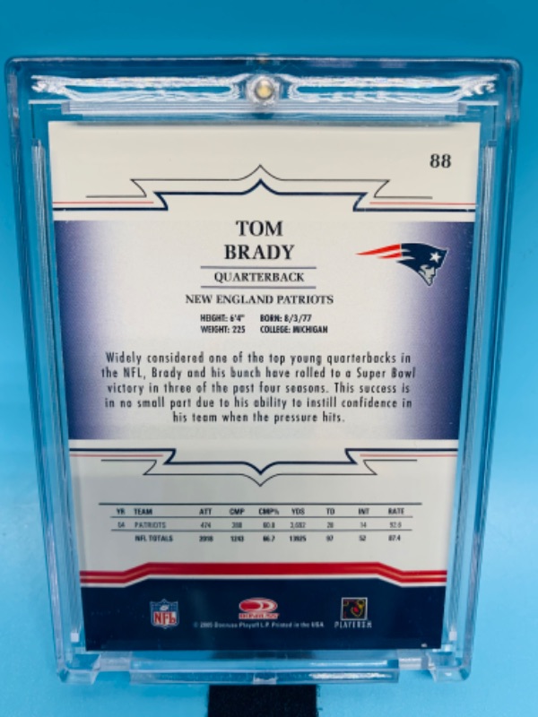 Photo 2 of 766425…donruss 2005  Tom Brady card 88 throwback threads in hard plastic case