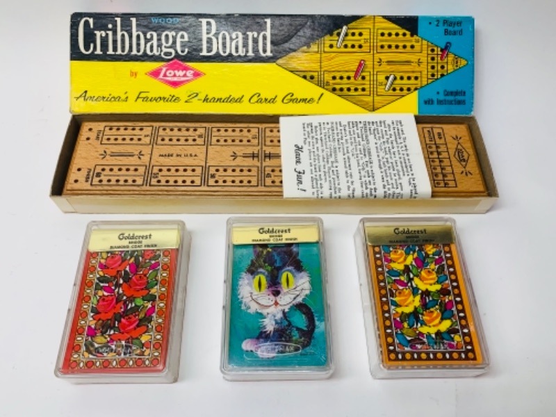 Photo 1 of 486…vintage cribbage game and 3 goldcrest bridge diamond coat playing cards 