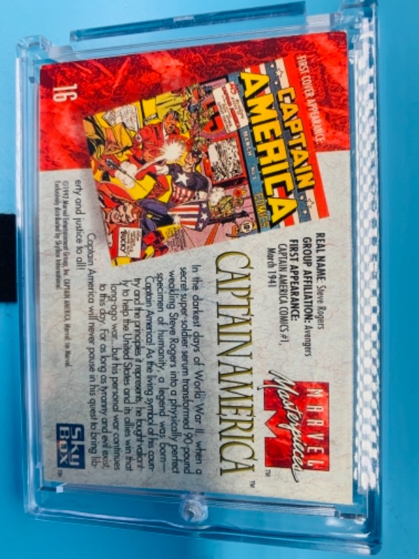 Photo 2 of 766514…marvel masterpieces 1992 Captain America card 16 in hard plastic case