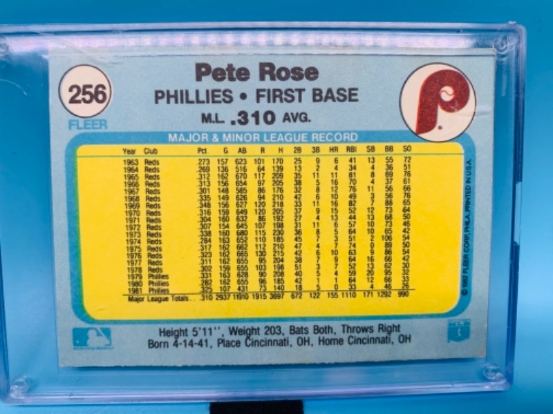 Photo 2 of 528…fleer 1982 Pete rose card 256 in hard plastic case 