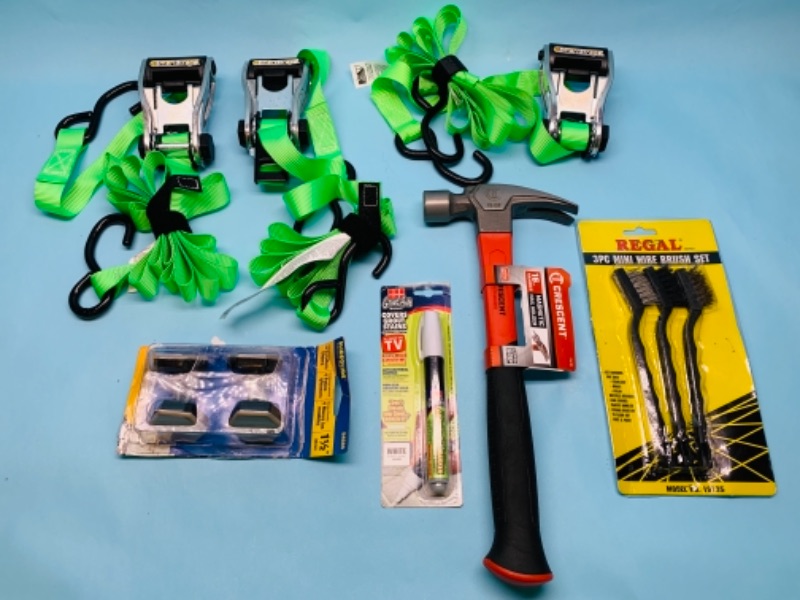 Photo 1 of 766613…7 pc tie downs, hammer, wire brushes and garage items