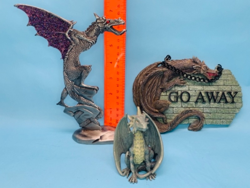 Photo 1 of 766673…3 pc pewter and metal dragon figures 