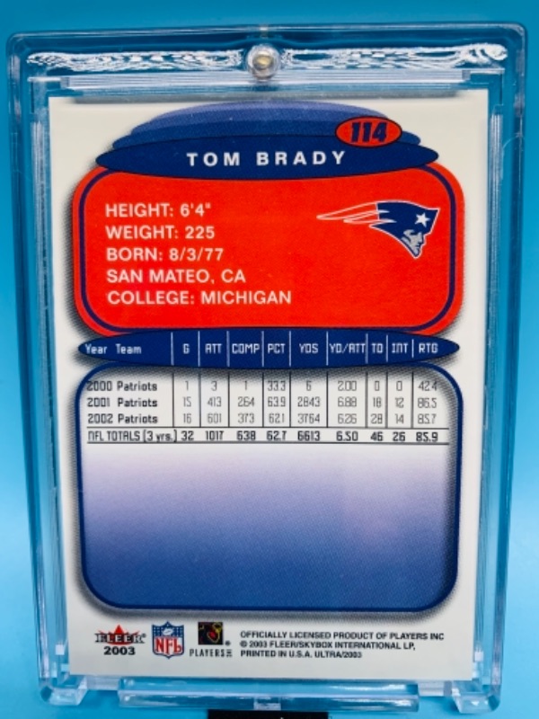 Photo 2 of 766734…fleer ultra 2003 Tom Brady card 114 in hard plastic case