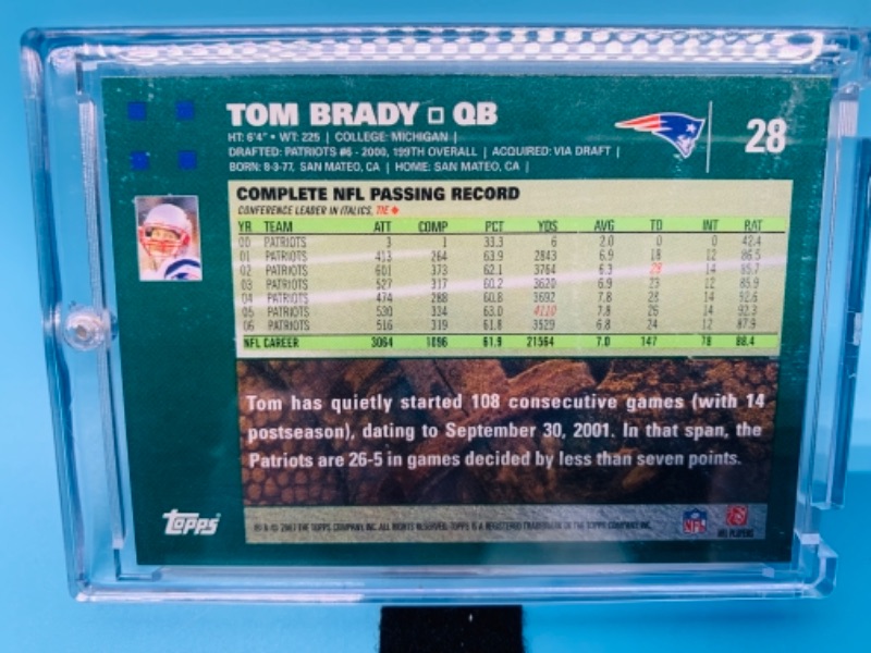 Photo 2 of 766736…topps 2007 Tom Brady card 28 in hard plastic case