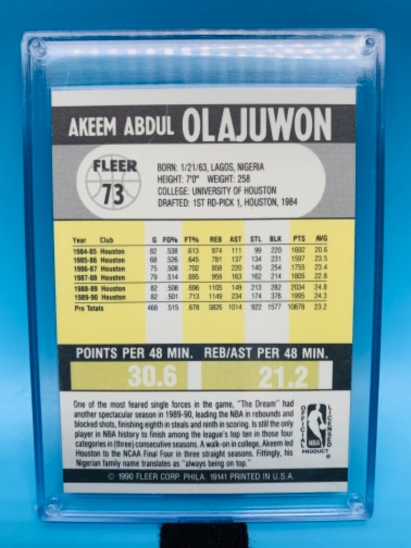 Photo 2 of 766763…fleer akeem Abdul Olajuwon card 73 in hard plastic case 