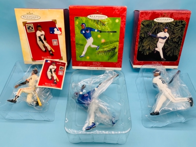 Photo 1 of 766867…3 hallmark baseball ornaments in original boxes- 1 with trading card 