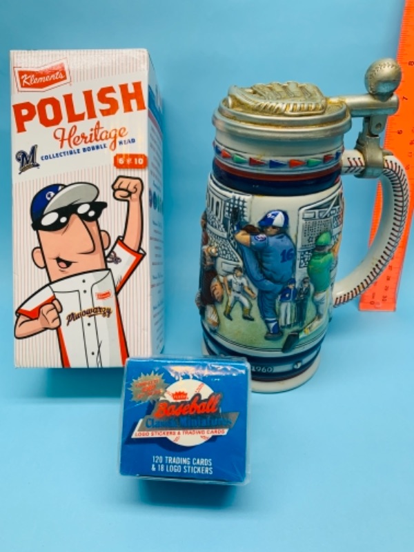 Photo 1 of 766868…vintage 8 inch baseball stein, polish bobble head , and classic miniature cards