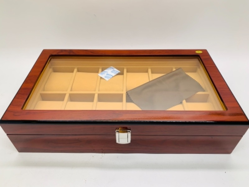 Photo 2 of 766917… exquisite wood and glass 12 slot watch and jewelry display box with dust cover and box 