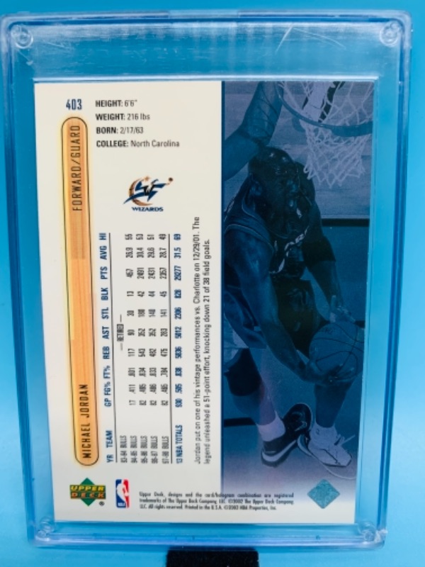 Photo 2 of 767022…upper deck 2002 Michael Jordan card 403 in hard plastic case