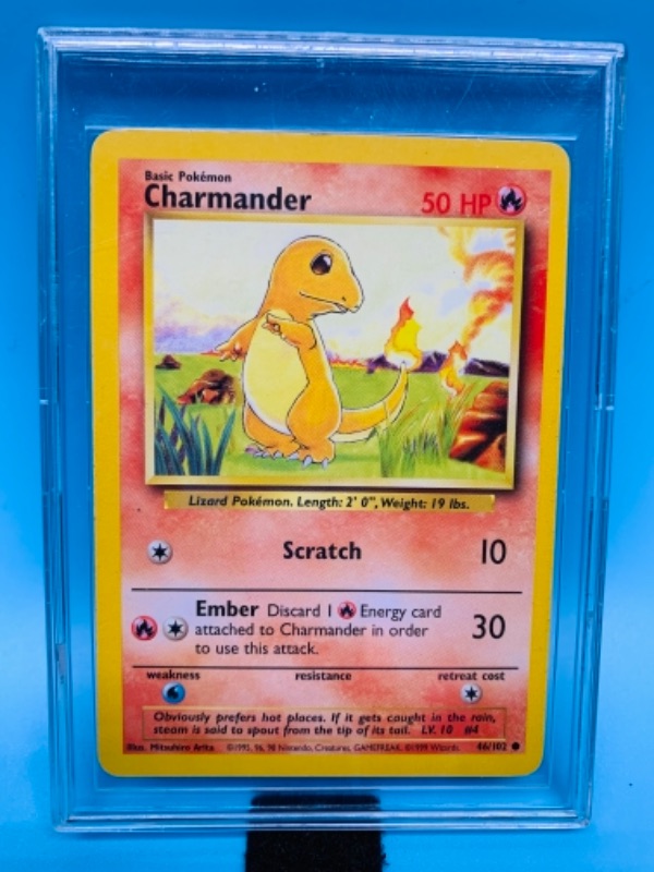 Photo 1 of 767096… Pokémon charmander 46/102 scratch basic card in hard plastic case 