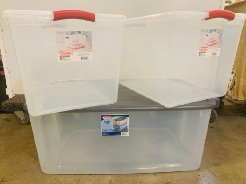 Photo 1 of 767098…3 used totes with lids - size 116 qt and 66 qt 