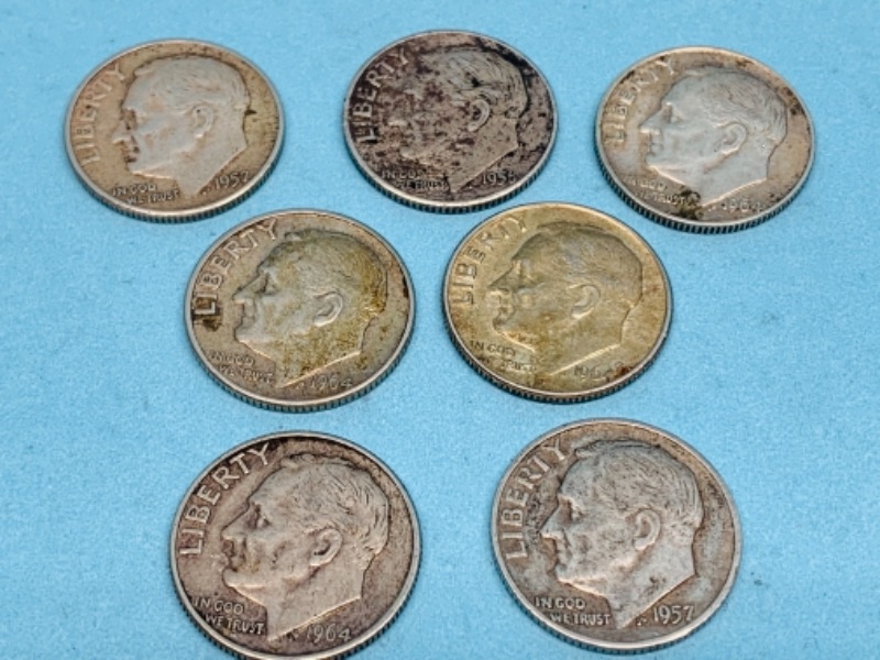 Photo 1 of 767159…7 circulated 90% silver dimes dated 1956,57, and 64’s