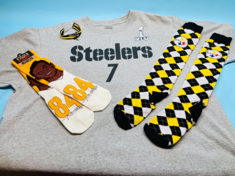 Photo 3 of 767169…Steelers bracelet, socks, t-shirt size xl, Antonio brown socks 