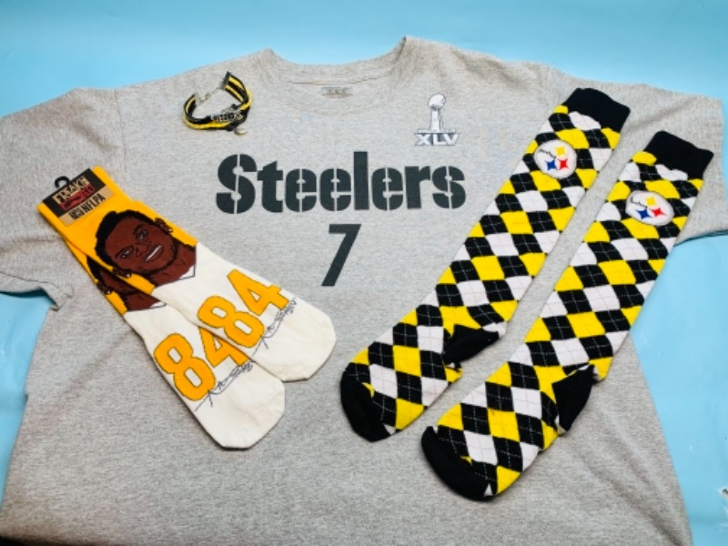 Photo 1 of 767169…Steelers bracelet, socks, t-shirt size xl, Antonio brown socks 