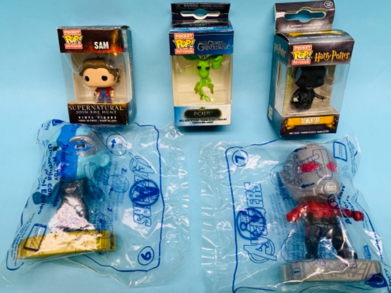 Photo 1 of 767181…3 Funko pop pocket keychains and sealed avengers McDonald’s happy meal toys 