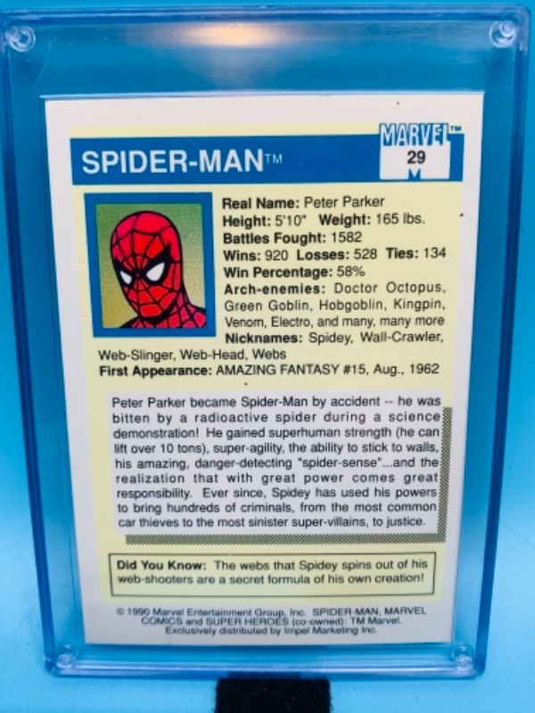 Photo 2 of 767256…1990 Marvel superheroes  Spiderman card 29 in hard plastic case