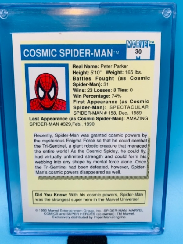 Photo 2 of 767258…1990 Marvel superheroes cosmic Spiderman card 30 in hard plastic case