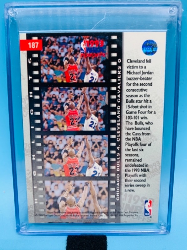 Photo 2 of 767260…1993 upper deck NBA  playoffs trading card featuring Jordan in hard plastic case 