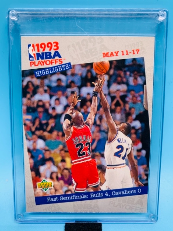 Photo 1 of 767260…1993 upper deck NBA  playoffs trading card featuring Jordan in hard plastic case 