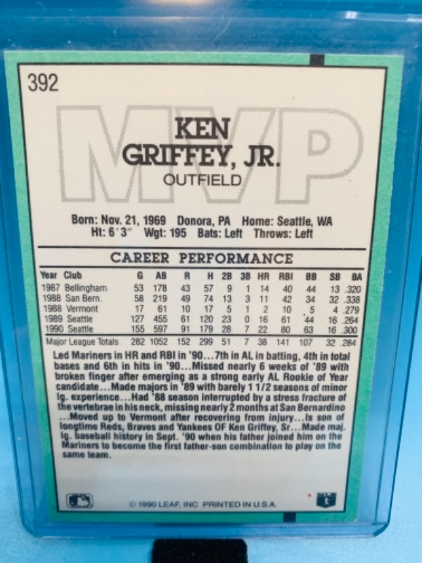 Photo 2 of 767270…1990 Leaf error card ken Griffey Jr.  card 392 missing . After inc in hard plastic case 