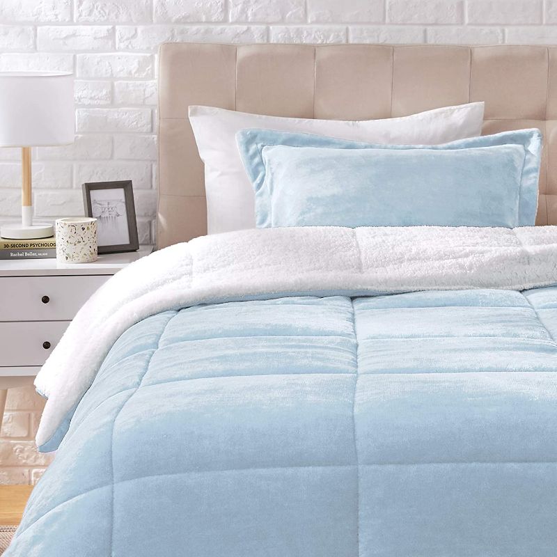 Photo 1 of Amazon Basics Ultra-Soft Micromink Sherpa Comforter Bed Set - Smoke Blue, Twin
