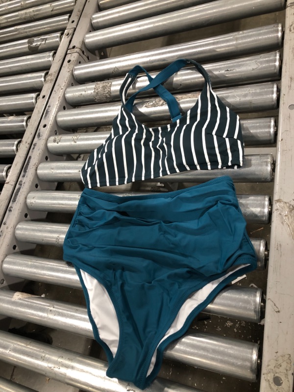 Photo 2 of Cupshe Teal And White Striped High Waisted Bikini - Teal,m
