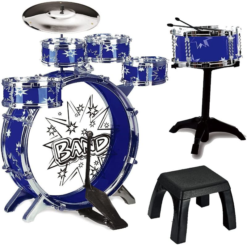 Photo 1 of ToyVelt 12 Piece Kids Jazz Drum Set – 6 Drums, Cymbal, Chair, Kick Pedal, 2 Drumsticks, Stool – Little Rockstar Kit to Stimulating Children’s Creativity, - Ideal Gift Toy for Kids, Teens, Boys & Girls
