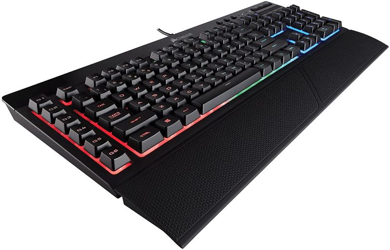 Photo 1 of Corsair K55 RGB Gaming Keyboard – IP42 Dust and Water Resistance – 6 Programmable Macro Keys – Dedicated Media Keys - Detachable Palm Rest Included (CH-9206015-NA) , Black AND Dell soundbar speaker