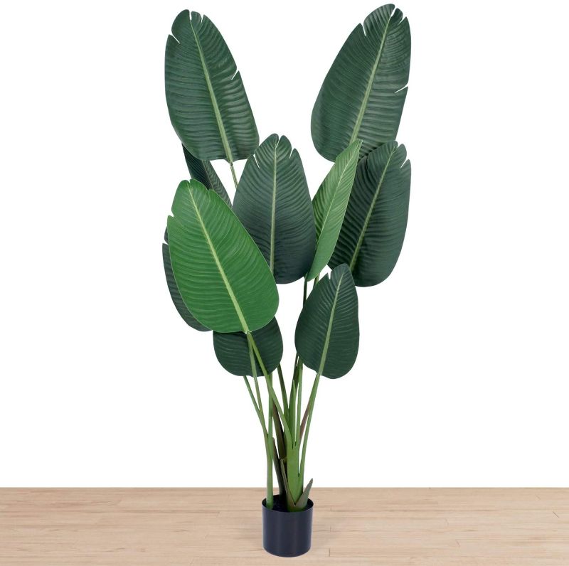 Photo 1 of Birds of Paradise Plant Artificial Tree Banana Leaf Plant Faux Bird of Paradise Plants with 10 Realistic Green Leaves and Thick Durable Pot for Indoor Outdoor Home Office Floor Modern Decor 5 Ft Tall
