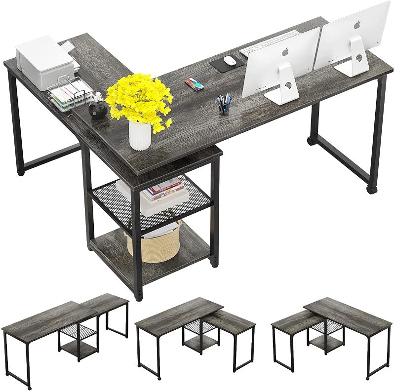 Photo 1 of Armocity 360° Rotating Desk, Reversible L-Shaped Desk, Modern Corner Computer Desk with Adjustable Storage Shelves, 71 Inch Large Office Computer Desk for Workstation, Home Office, Gray

