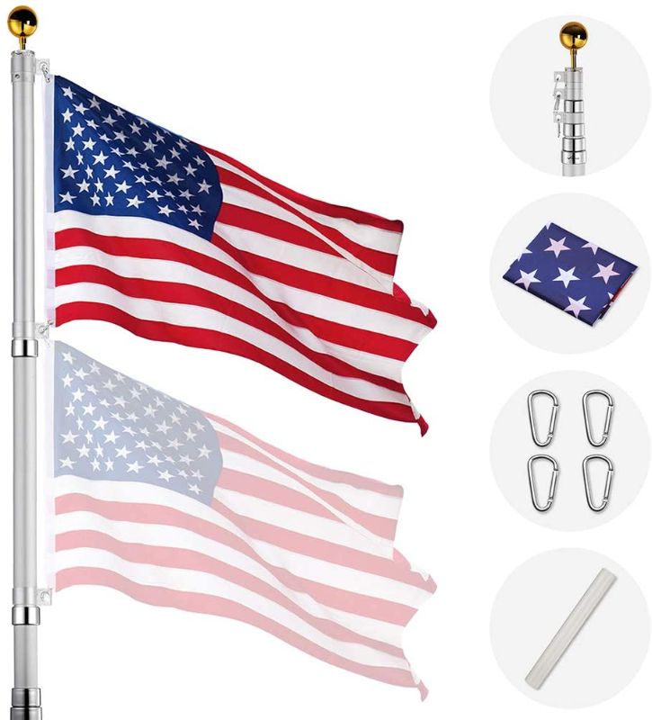 Photo 1 of  20ft Telescopic Aluminum Flag Pole Free 3'x5' US Flag & Ball Top Kit 16 Gauge Telescoping Flagpole Fly 2 Flags for Yard Outdoor Garden
