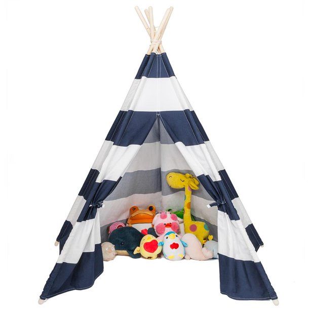 Photo 1 of JOYMOR Foldable 100% Cotton Canvas Indoor Teepee Tent Indian Playhouse for Kids Play with Banner,Carry Bag,Window,Pocket,Blue White
