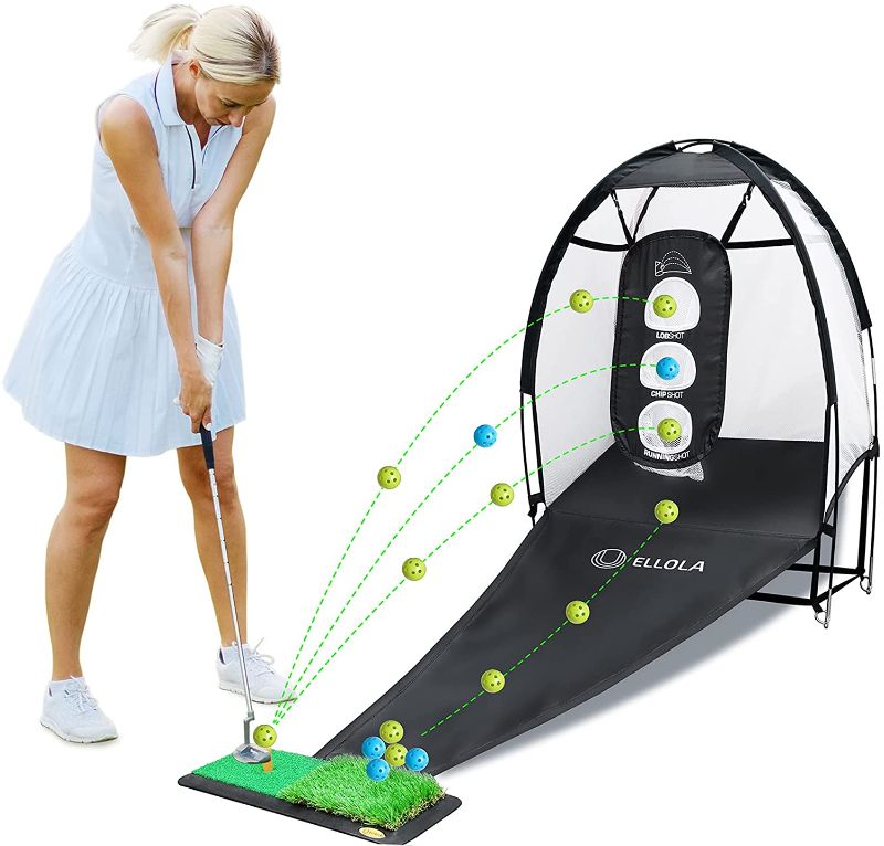 Photo 1 of ELLOLLA Golf Practice Hitting Net with Turf Mat Golf Balls Target Chipping Holes, Ball Swing Training, Cutting Golf Practice Great Gifts for Dad Mom Husband Women Kid Golfers Indoors Outdoors
