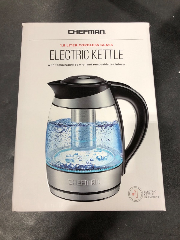 Photo 1 of Chefman Temperature Control, Removable Tea Infuser, 5 Presets Indicator, 360° Swivel Base, BPA Free, Stainless Steel, 1.8 Liters, Electric Glass Kettle w/LED Color Lights
