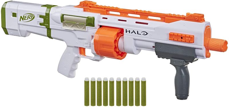 Photo 1 of NERF Halo Bulldog SG Dart Blaster -- Pump-Action, Rotating 10-Dart Drum, Tactical Rails, 10 Official Elite Darts, Skin Unlock Code
