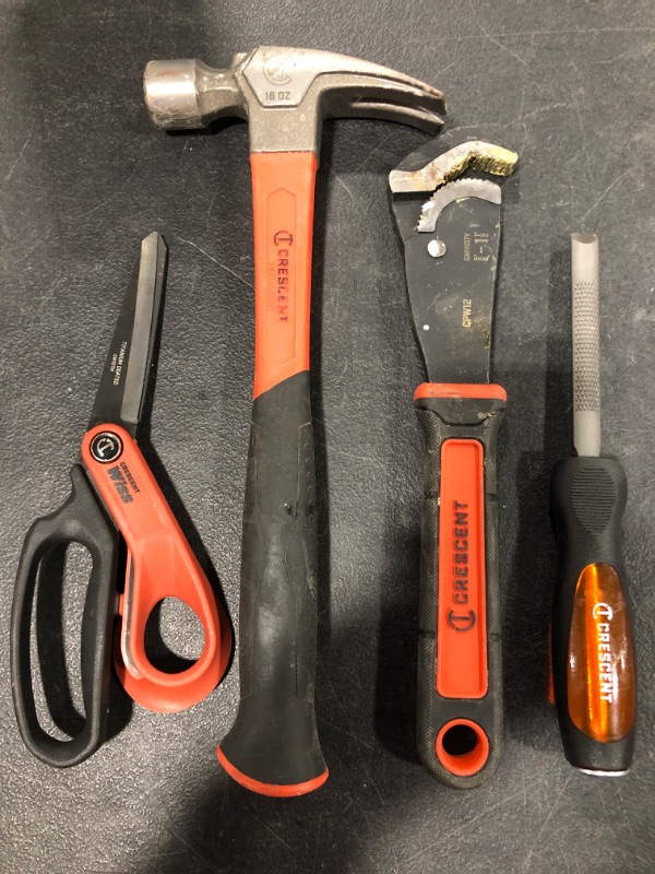 Photo 1 of CRESCENT Brand Hand Tools, Lot of 4 Items, Hammer, Rasp, Scissors, Pliers, USED CONDITION.