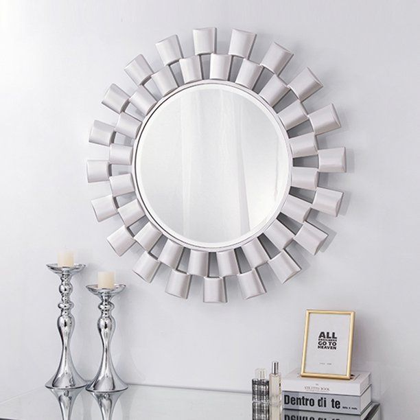 Photo 1 of Chende Large 31.5'' Wall Mirror Round Decorative Mirror with Beveled Edge Silver Accent Mirror Sunburst for Living Room
