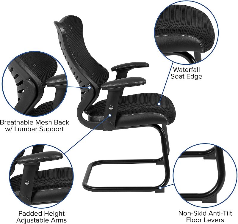 Photo 1 of Flash Furniture Designer Black Mesh Sled Base Side Reception Chair with Adjustable Arms
