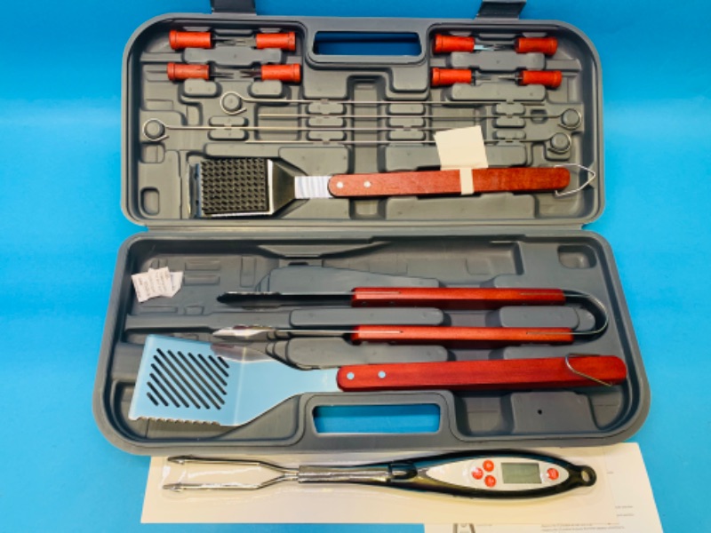 Photo 1 of 776729… 17 piece grilling tool set in case stainless steel with wood handles 