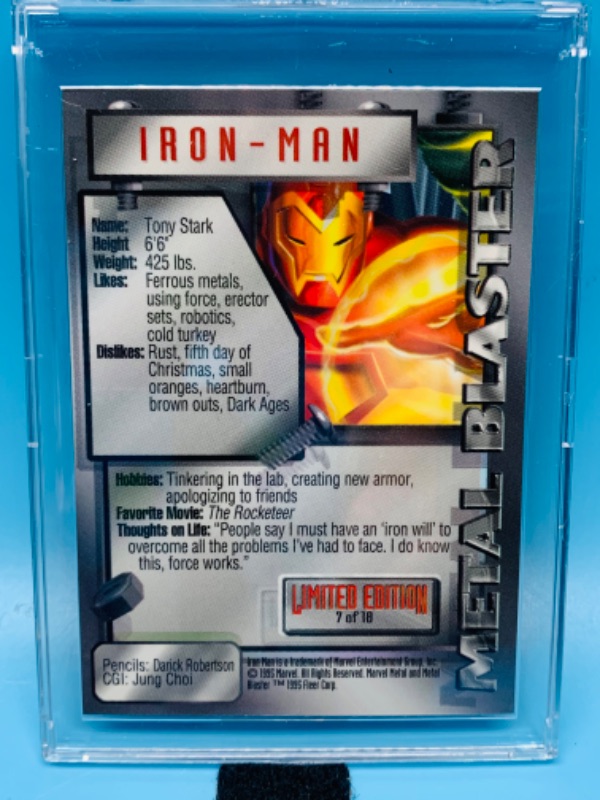 Photo 2 of 776930…marvel metal blaster iron man card 7 limited edition in hard plastic case 