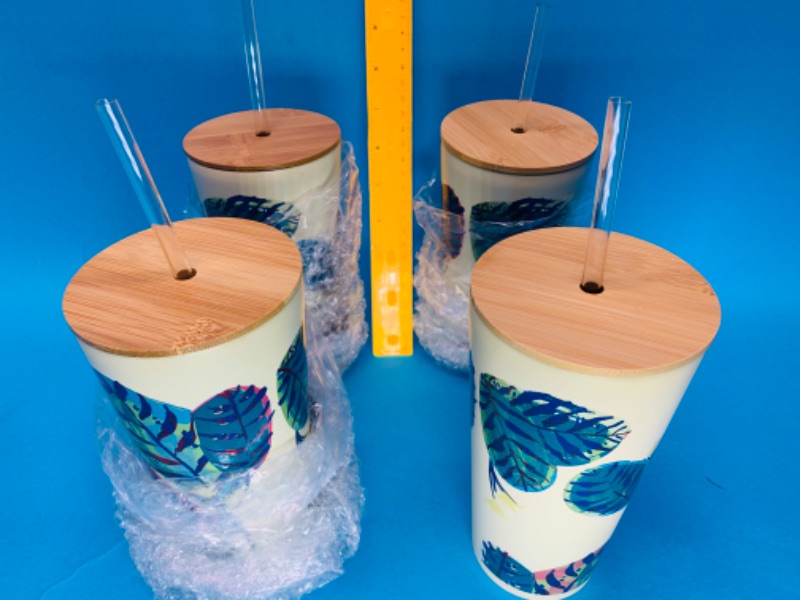 Photo 1 of 777132…4 stainless steel tumblers with bamboo lids and straws 