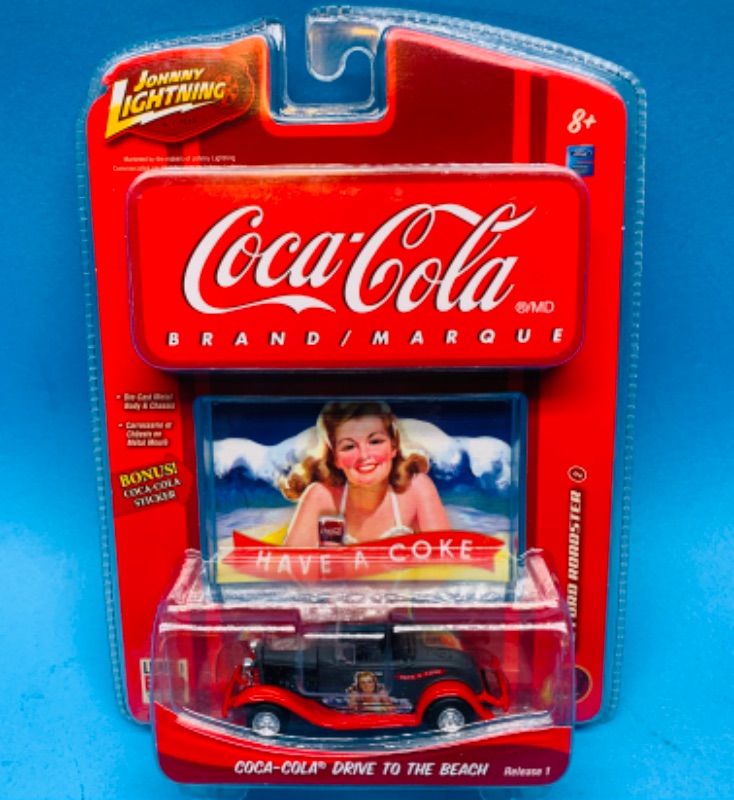 Photo 1 of 777433…Johnny Lightning Coca Cola Ford roadster die cast car and sticker 