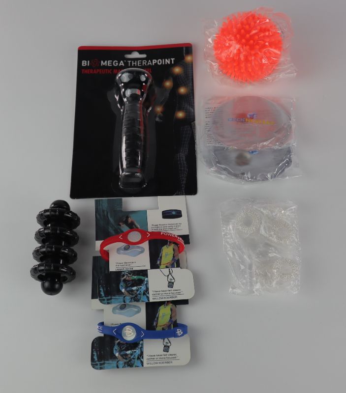 Photo 1 of RELAX BUNDLE REMOVES ALL TYPES OF PAIN OR SORE MUSCLES INCLUDES 2 CLICKHEATER POCKETS 5 MASSAGE THERAPEUTIC RINGS AND 3 DIFFERENT MUSCLE ROLL OUT DEVICES PLUS BONUS GIFT OF 2 PACK POWER BALANCE BRACELETS $59.99